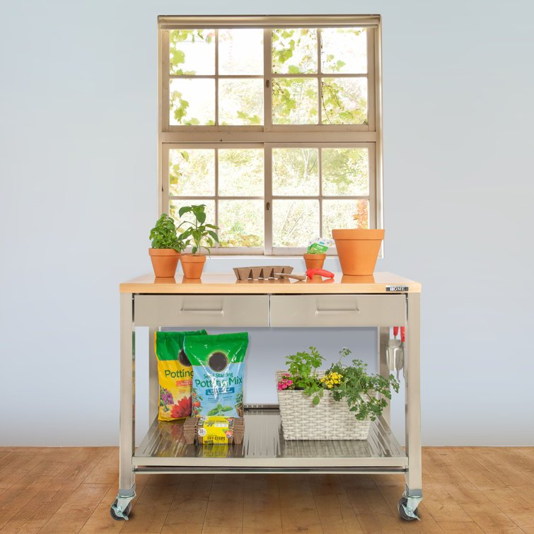 48'' Stainless Steel Kitchen Cart with Solid Wood Top