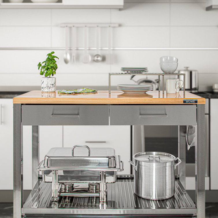 48'' Stainless Steel Kitchen Cart with Solid Wood Top