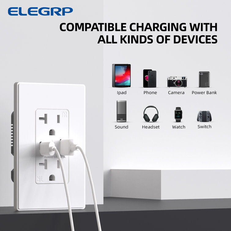 White 21W USB Wall Outlet with Type A and Type C Ports