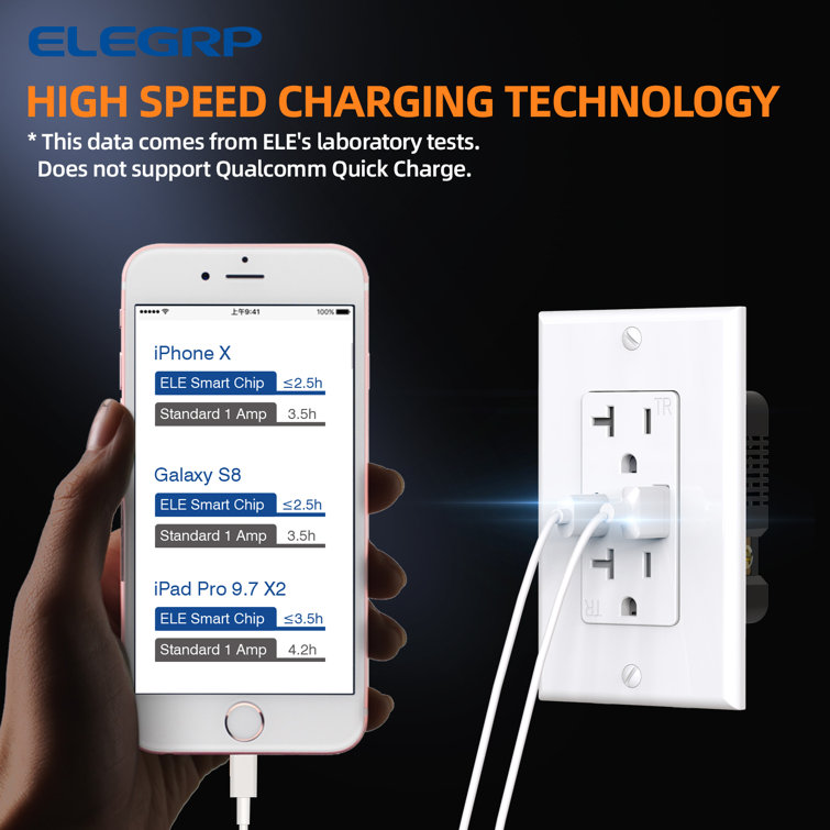 Black and White 21W USB Wall Outlet with Type A and Type C Ports, 6 Pack
