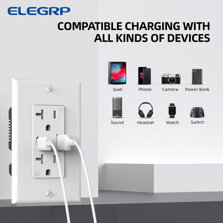 Black and White 21W USB Wall Outlet with Type A and Type C Ports, 6 Pack