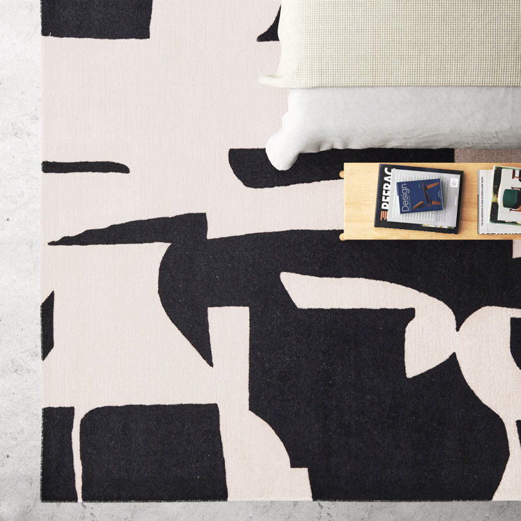 Black and Cream Abstract Handmade Wool Rug 8' x 10'