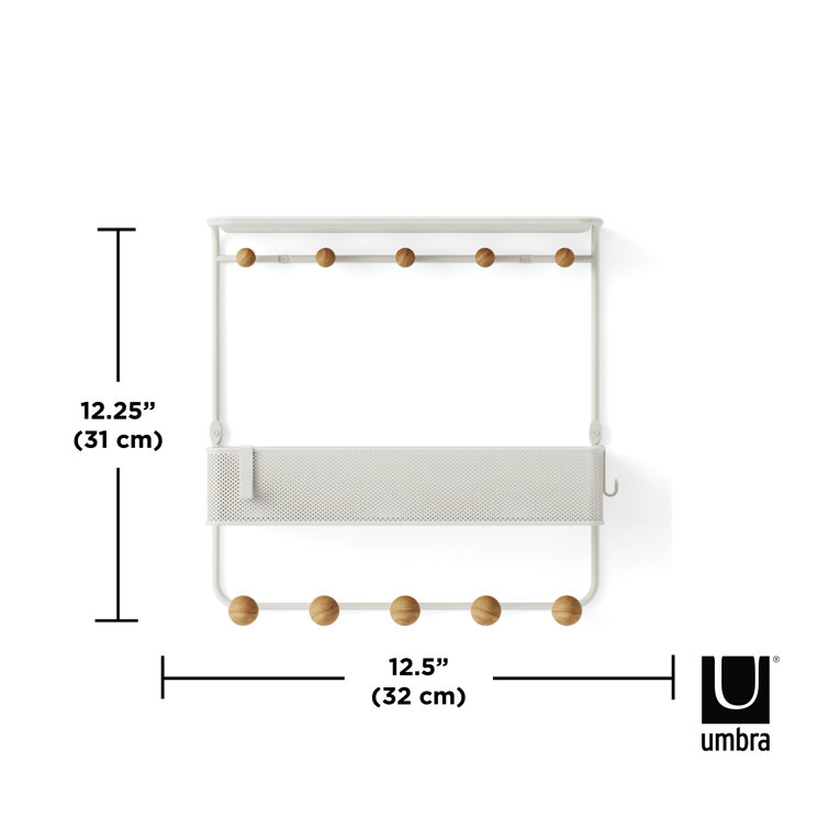 Estique White/Natural 10-Hook Wall Shelf with Perforated Metal Basket