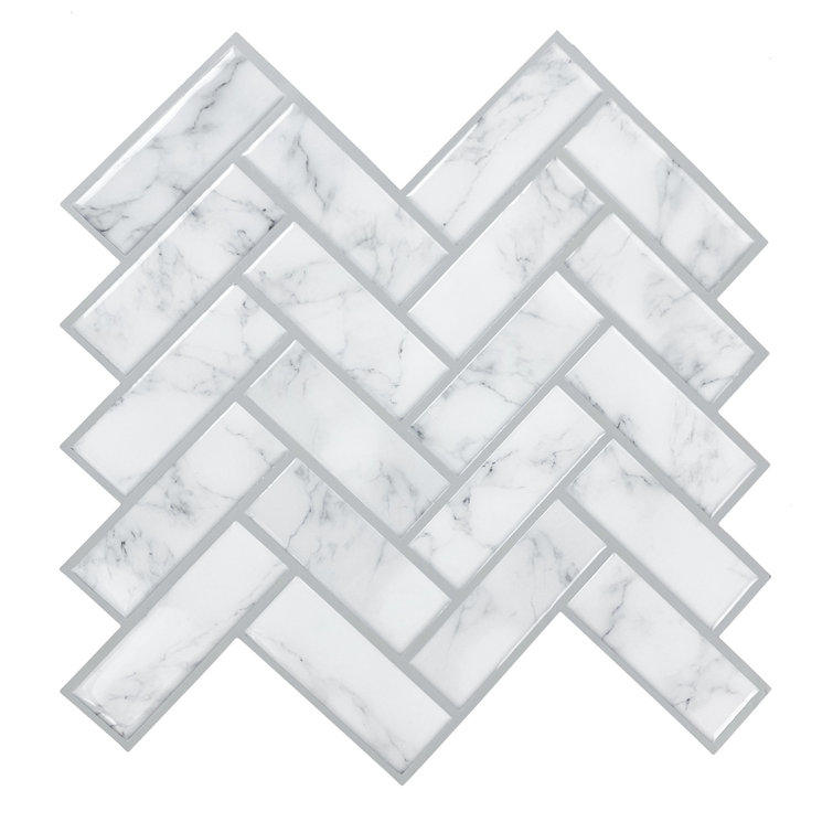 White Marble Herringbone Peel and Stick Vinyl Tile