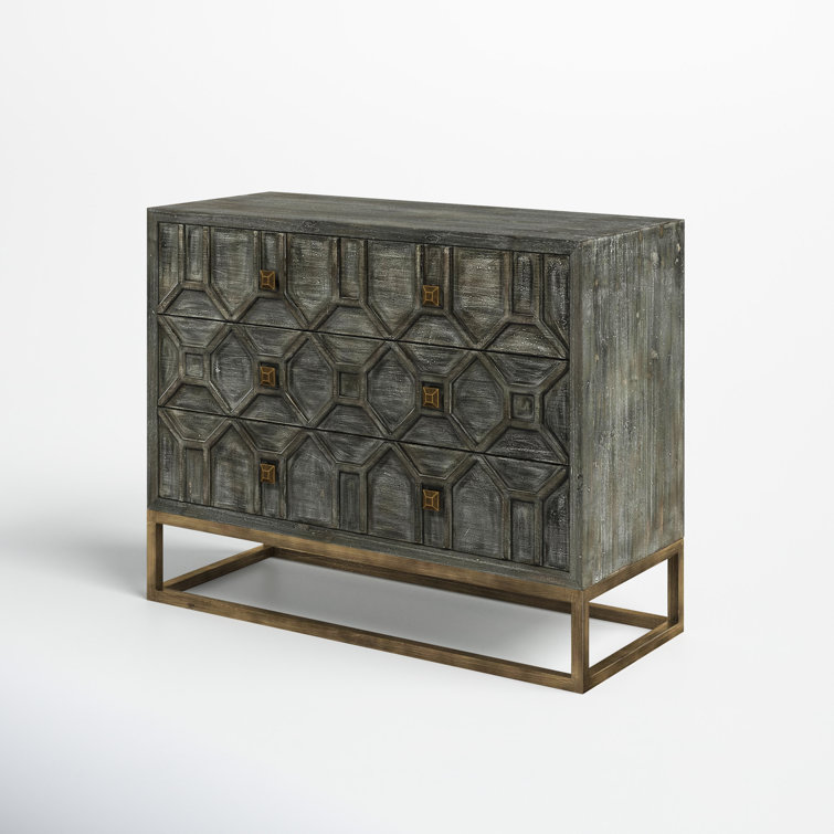 Genevieve Light Gray Wood and Antique Brass 3-Drawer Cabinet