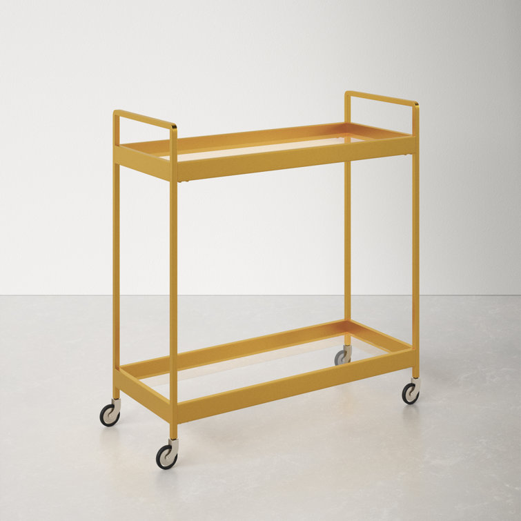 Glamourous Brass Finish Rectangular Bar Cart with Glass Shelves