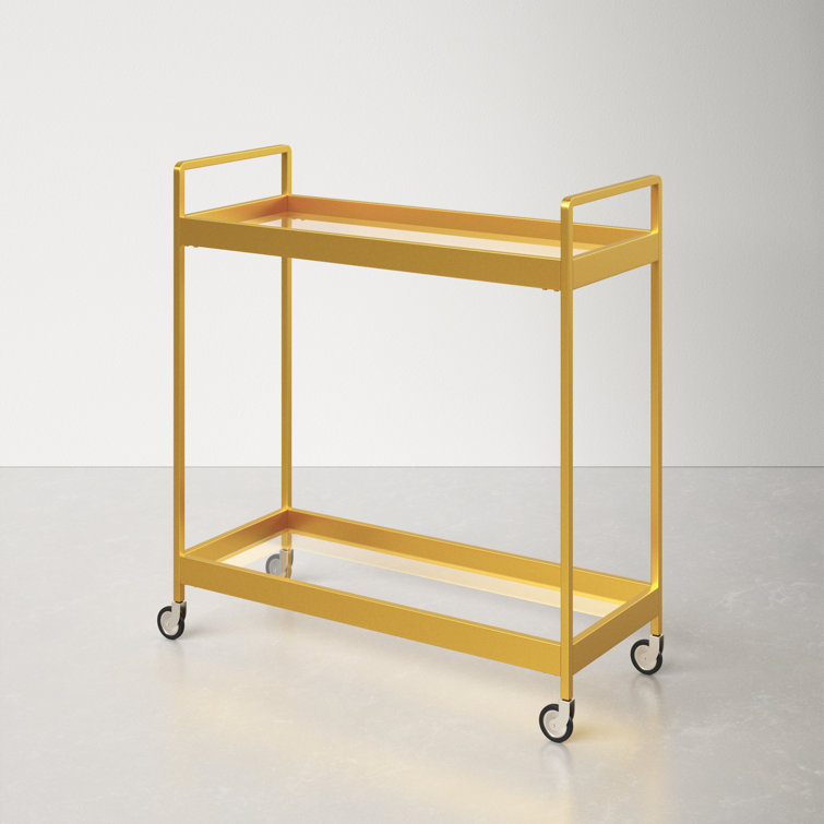 Glamourous Brass Finish Rectangular Bar Cart with Glass Shelves