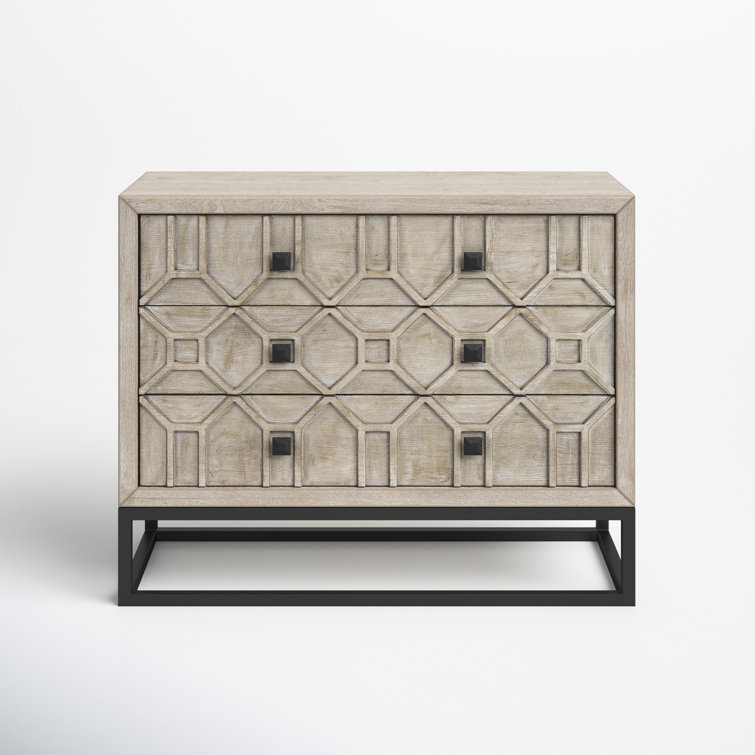 Genevieve Light Brown 3-Drawer Accent Cabinet with Antiqued Metal Base