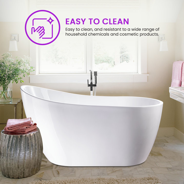 54" White Acrylic Freestanding Soaking Bathtub with Chrome Drain