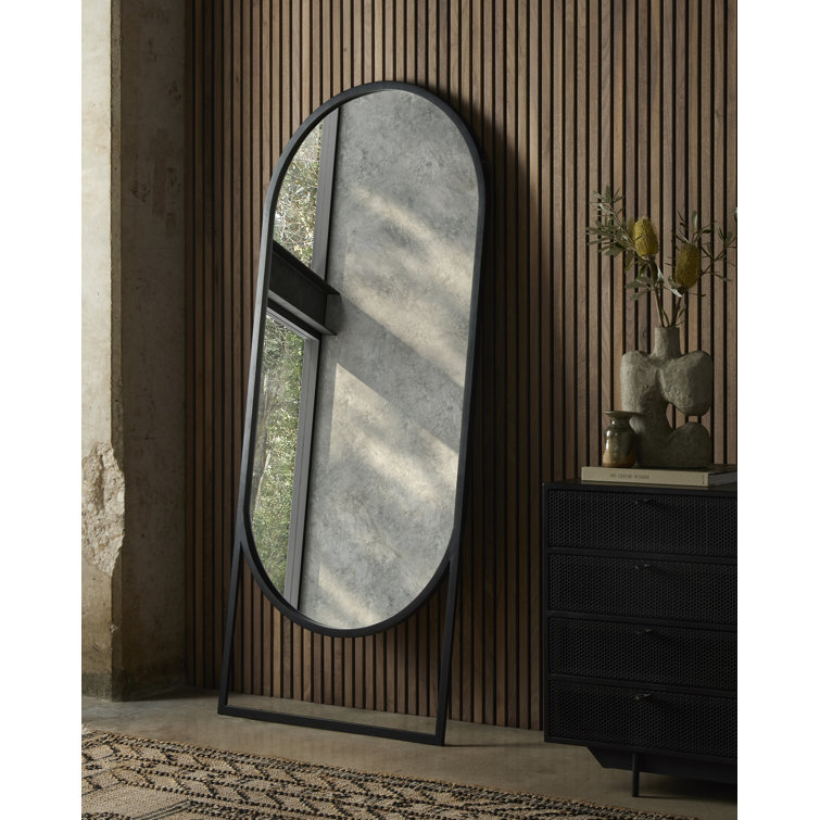 Elegant Matte Black Iron Oval Floor Mirror, 70" Height