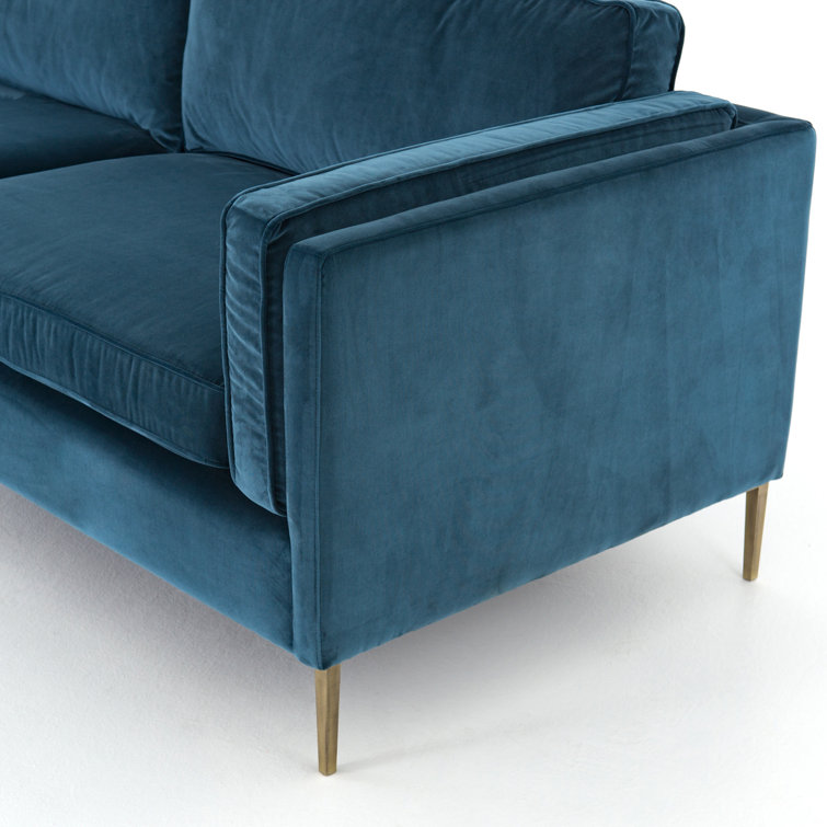 Sapphire Blue Velvet Sofa with Antique Brass Legs