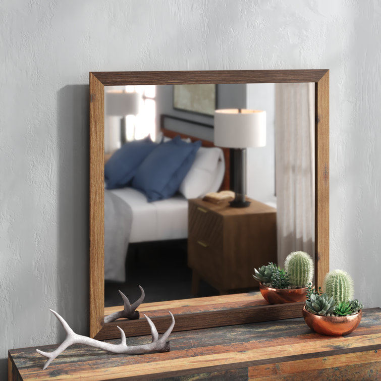 Vintage Oak and Brown Oak Square Wood Dresser Mirror