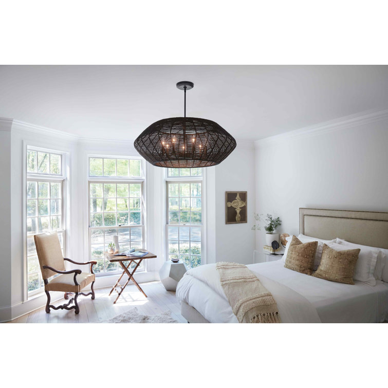 Luca Exotic Edge 7-Light Large Drum LED Chandelier with Black Camel Rattan Shade