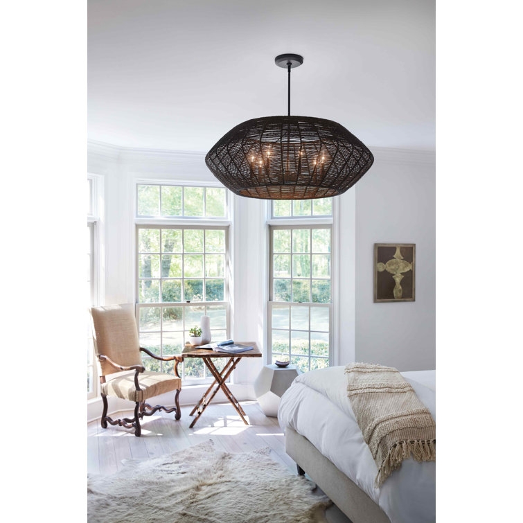 Luca Exotic Edge 7-Light Large Drum LED Chandelier with Black Camel Rattan Shade