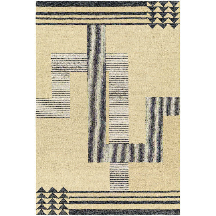 Hand-Tufted Black and Beige Wool Rectangular Rug