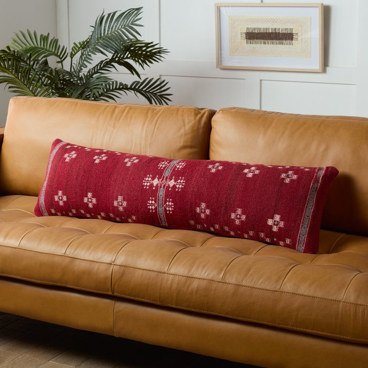 Red Wool Blend Embroidered Lumbar Pillow with Cotton Back