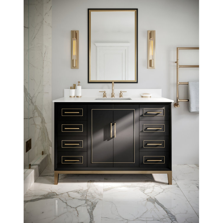 Midnight Black and White Quartz 48'' Bathroom Vanity with Brass Accents