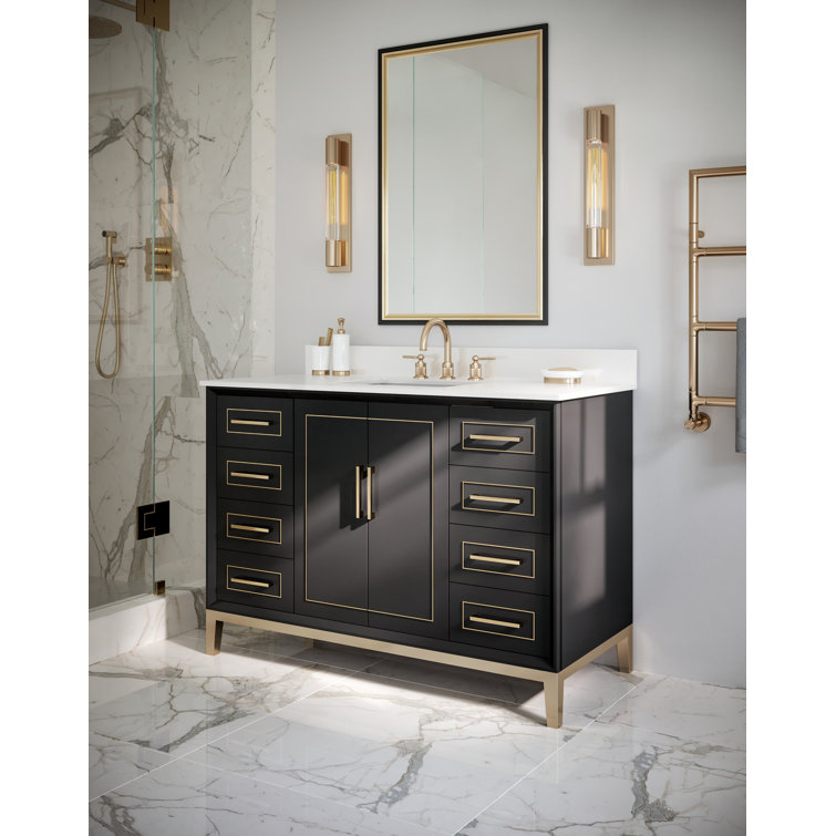 Midnight Black and White Quartz 48'' Bathroom Vanity with Brass Accents