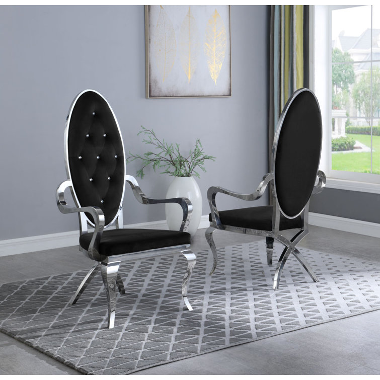Elegant Black Velvet Accent Chair with Silver Metal Frame (Set of 2)