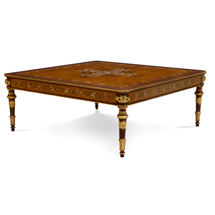 Myrtle Burl & Gold Gilt Square Coffee Table with Brass Accents