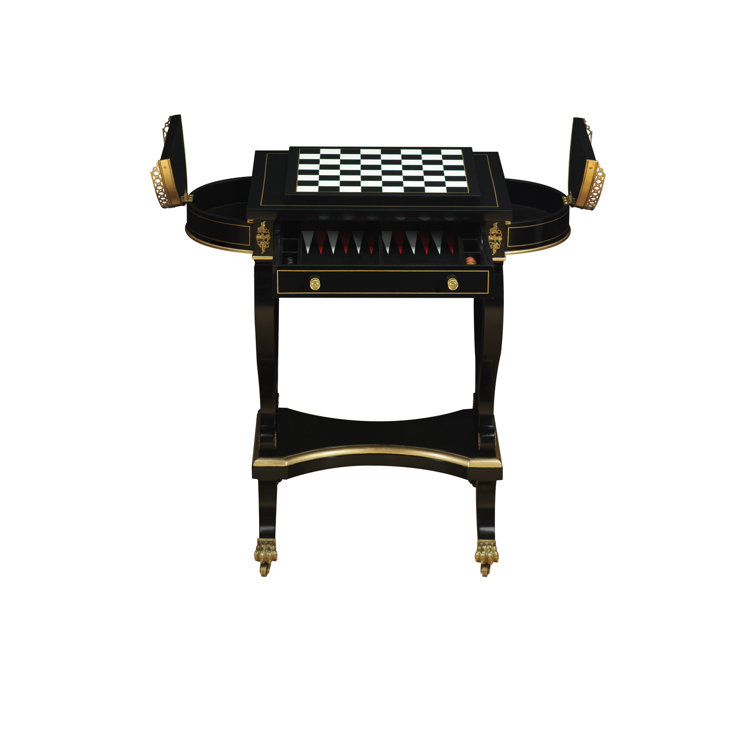 Ebonized and Gold 18" Leather Game Table with Brass Accents