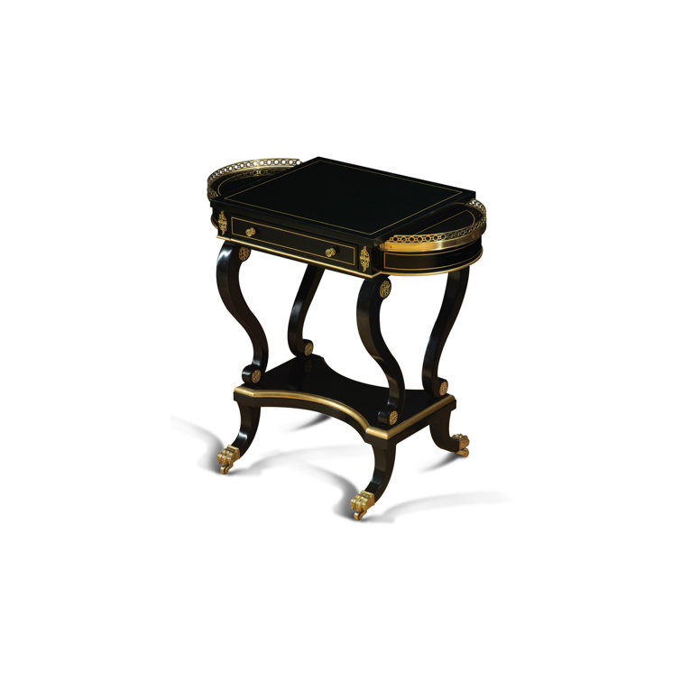 Ebonized and Gold 18" Leather Game Table with Brass Accents