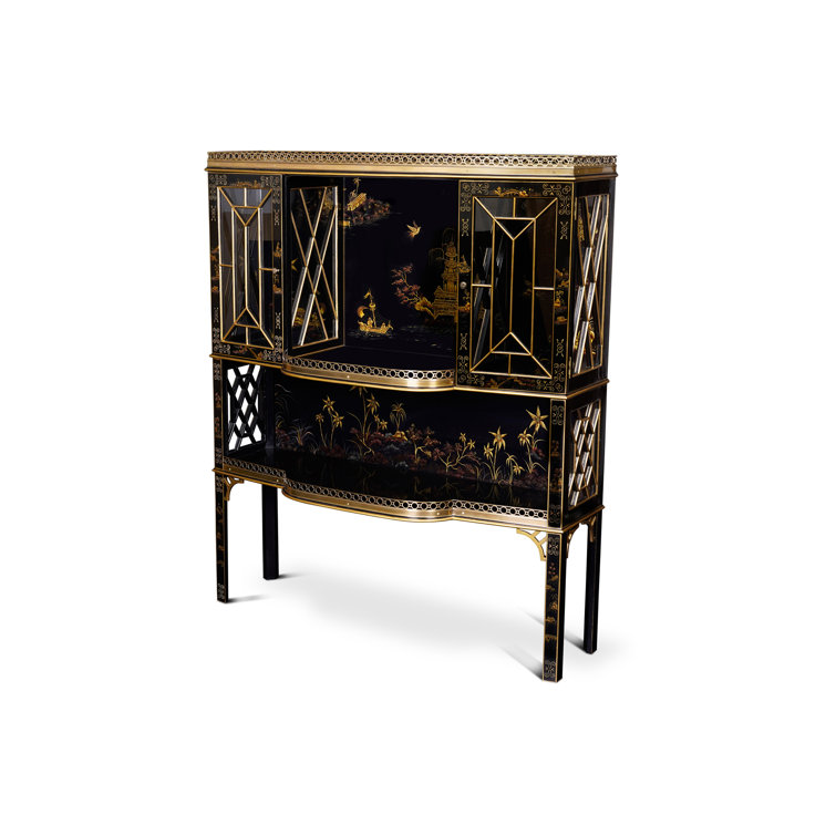 Chinoiserie Black and Gold Lacquered Wood Bar Cabinet