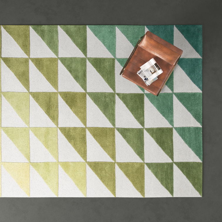 Ivory and Green Hand-Tufted Wool Geometric Rug