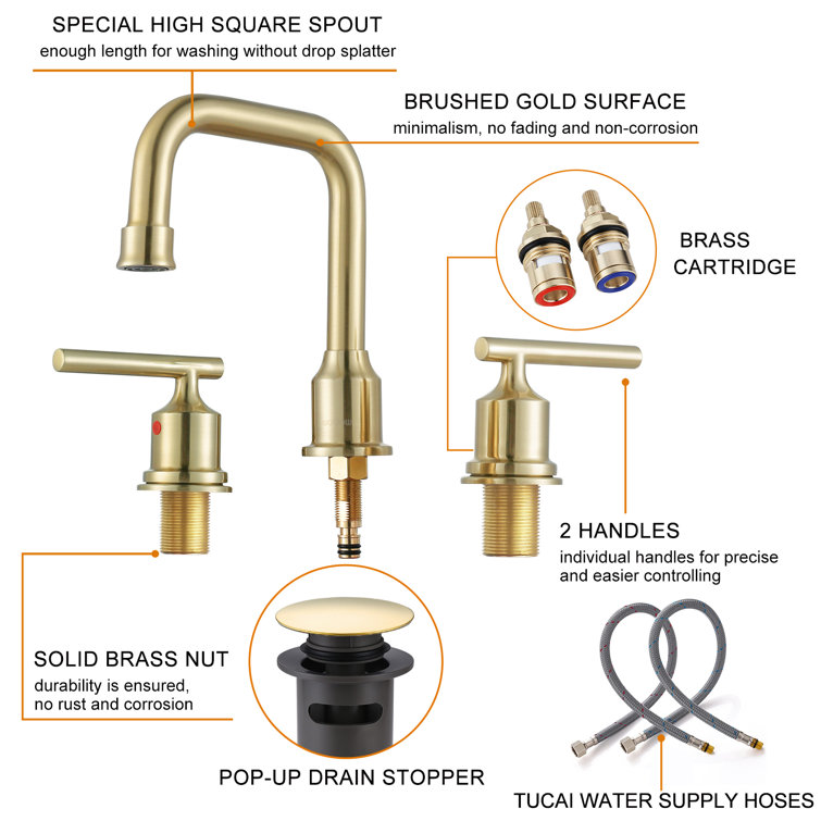Brushed Gold Widespread 2-Handle Bathroom Faucet with Drain Assembly