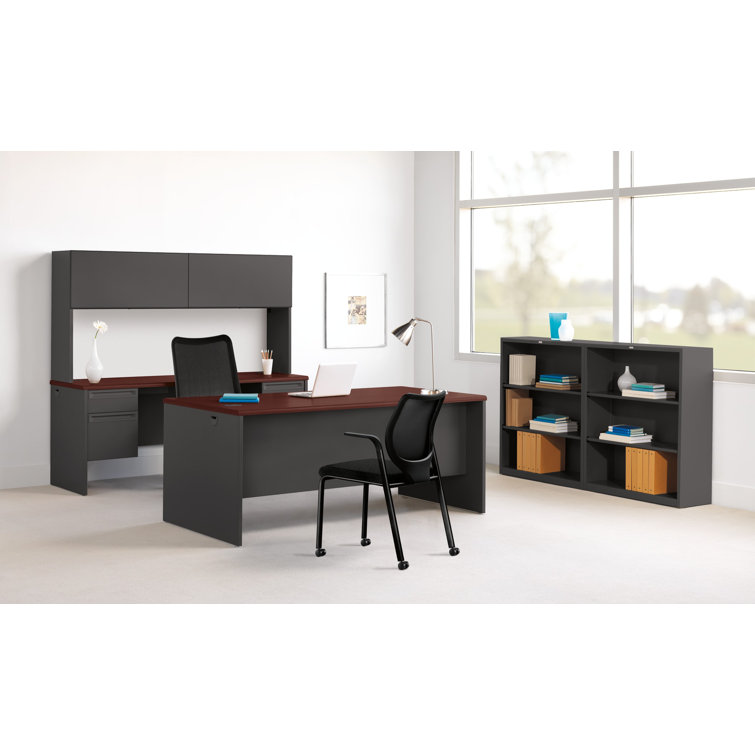 Executive Mahogany & Charcoal Desk with Drawer and Filing Cabinet