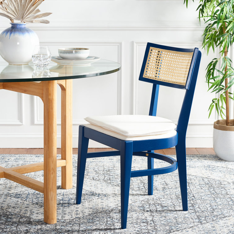 Navy Rubberwood and Cane Side Chair with White Cushion
