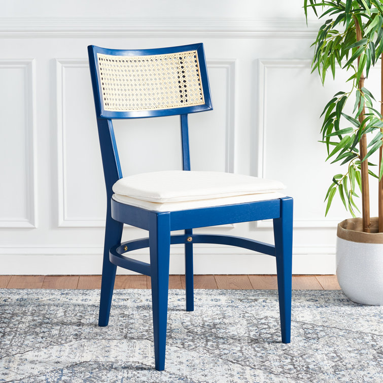 Navy Rubberwood and Cane Side Chair with White Cushion