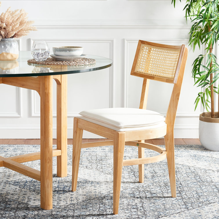 Natural Rubberwood and Cane Side Chair with White Upholstery