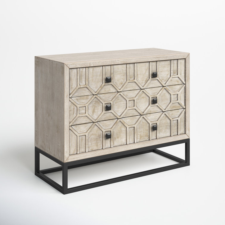 Genevieve Light Brown 3-Drawer Accent Cabinet with Antiqued Metal Base