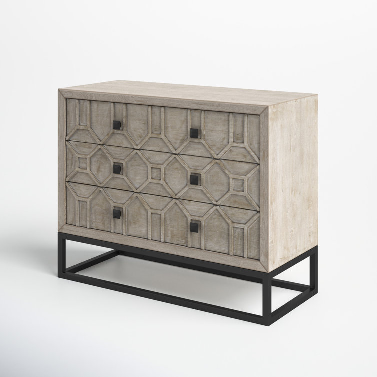 Genevieve Light Brown 3-Drawer Accent Cabinet with Antiqued Metal Base