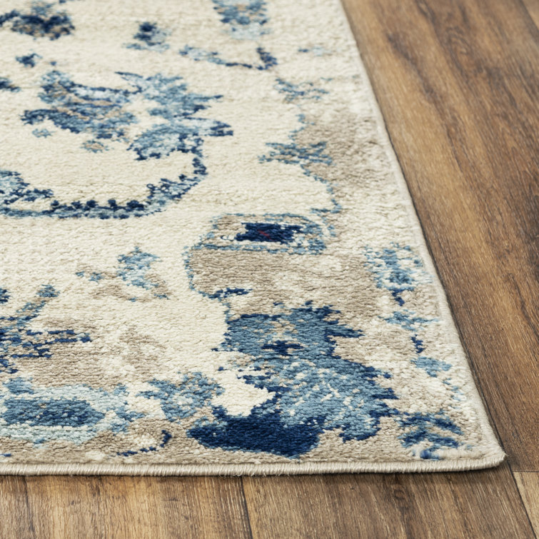 Blue and Beige Geometric Synthetic Rectangular Rug 5'2"x7'3"