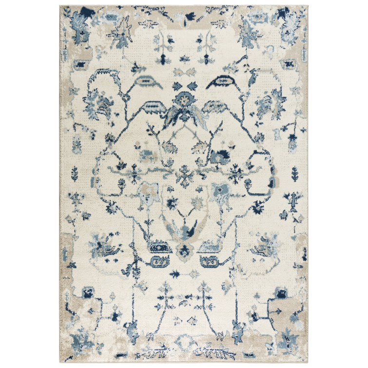 Blue and Beige Geometric Synthetic Rectangular Rug 5'2"x7'3"