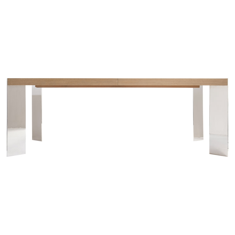Transitional Oak Extendable Dining Table with Stainless Steel Accents