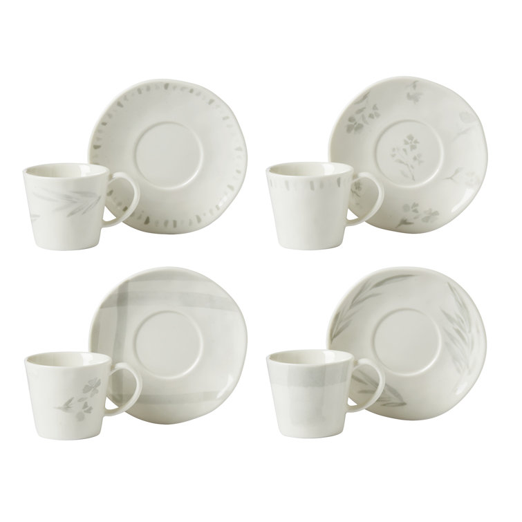 Oyster Bay White Ceramic Espresso Cups with Saucers, Set of 4