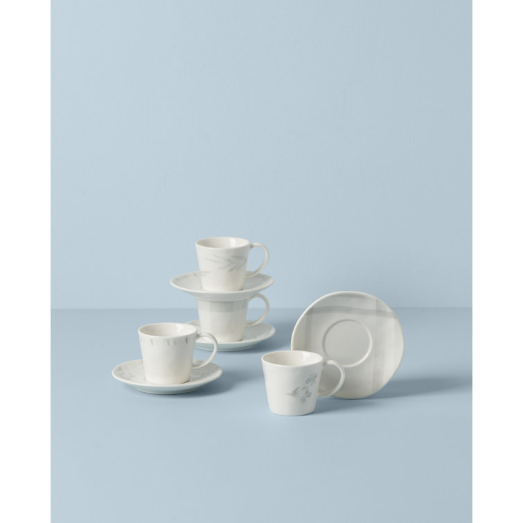 Oyster Bay White Ceramic Espresso Cups with Saucers, Set of 4