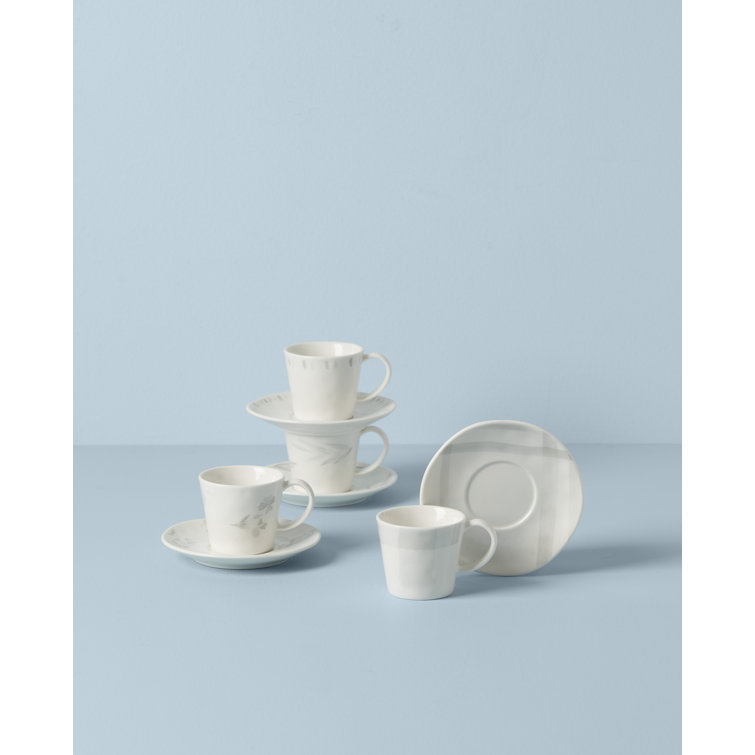 Oyster Bay White Ceramic Espresso Cups with Saucers, Set of 4