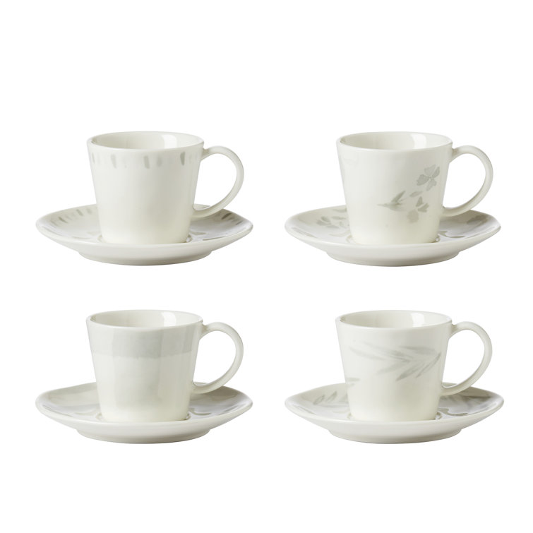 Oyster Bay White Ceramic Espresso Cups with Saucers, Set of 4