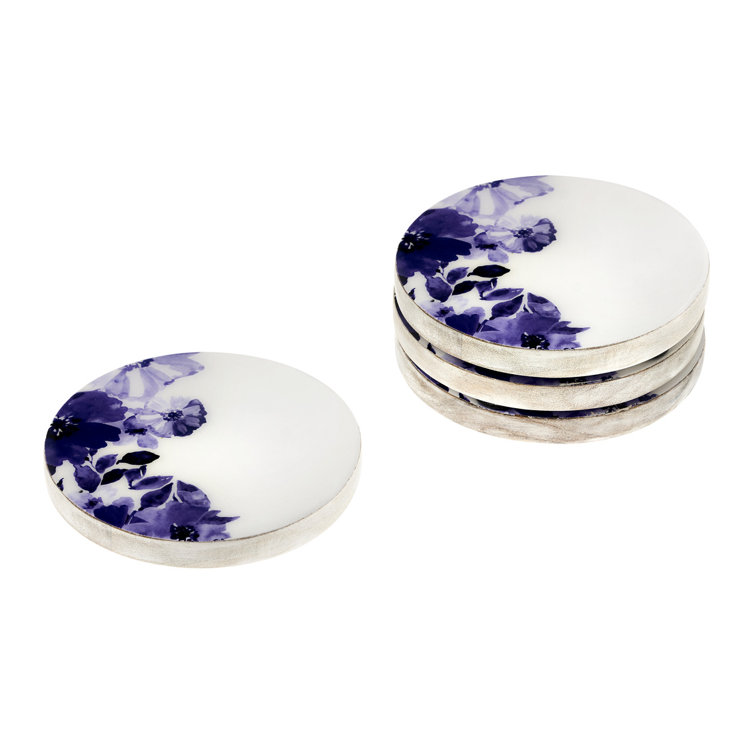 Claro Blue and Whitewash Floral Wood Coaster Set