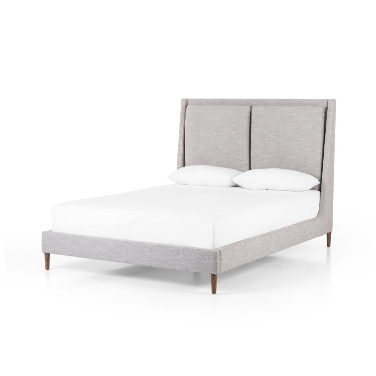 Gray Upholstered Queen Bed with Tapered Headboard and Wood Legs