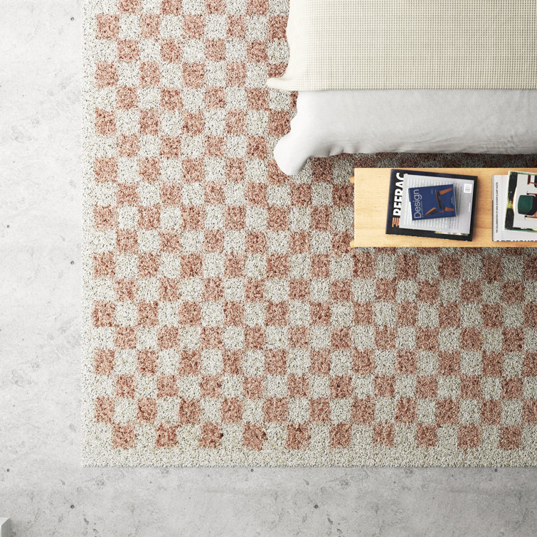 Cream and Pink Checkered Shag Synthetic Area Rug 6'7" x 9'
