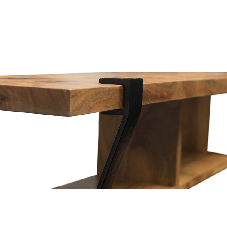 Ryegate Natural Acacia Wood Wall Shelf with Black Metal Hooks