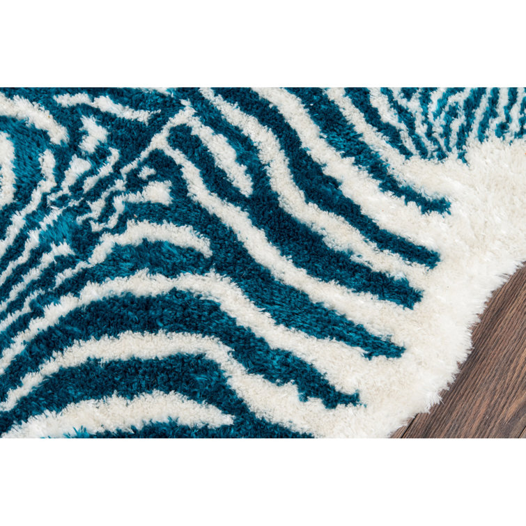 Turquoise and White Zebra Print Faux Fur Rug, 5' x 7'