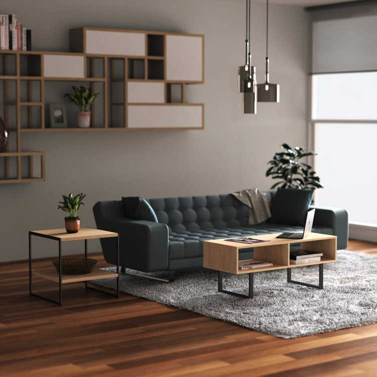 Natural MDF Rectangular Coffee Table with Black Metal Sled Base and Storage
