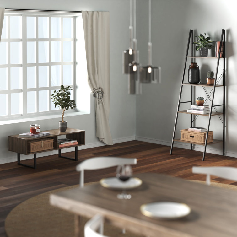 Weathered Gray 4-Tier Wood and Metal Ladder Shelf