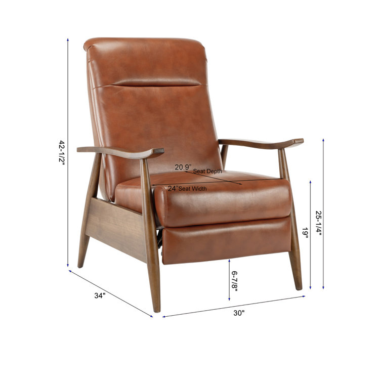 Caramel Mid-Century Modern Faux Leather Recliner with Wooden Arms